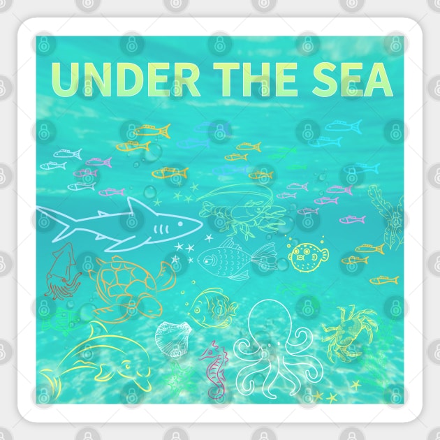 under the sea,blue sea,sea creatures,Turtle, puffer fish, starfish, shrimp, shark, tropical fish, sea horse, seaweed, sardines, squid, crabs, clams Sticker by zzzozzo